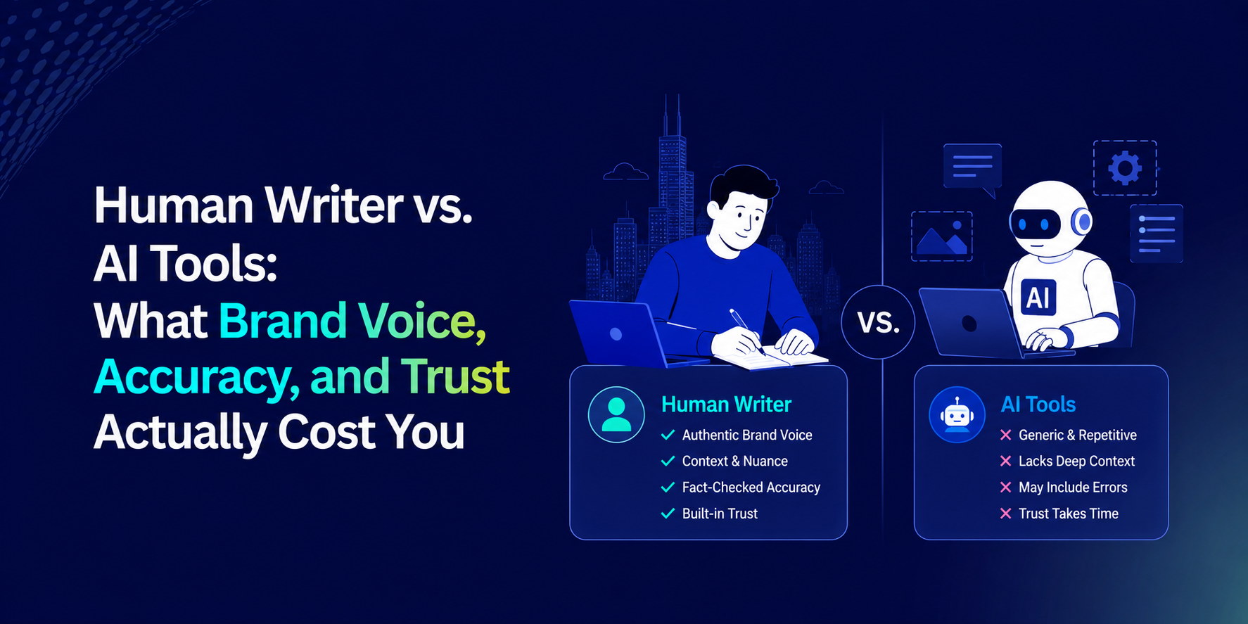Human Writer vs. AI Tools: What Brand Voice, Accuracy, and Trust Actually Cost You